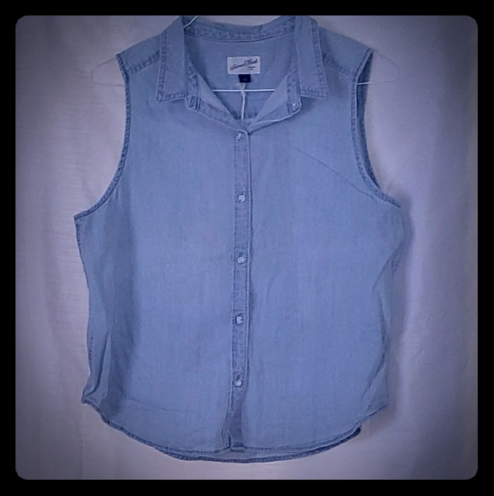 Womens light blue sleeveless button down b…